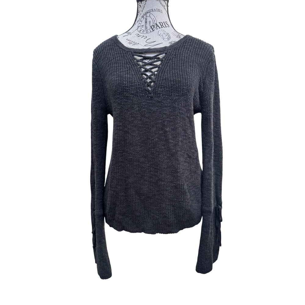 Lucky Brand Lace Up V‎ Neck Knit Sweater